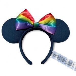 Disney Parks Pride Minnie Ears Headband Rainbow Bow Denim Embroidered Pride